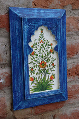 KB ART Handpainted Wooden Jharokha Wall Panel – Dark Blue Floral Mughal Arch Decor | Antique Look Wall Hanging