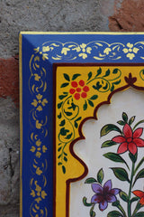 KB ART Handpainted Wooden Wall Jharokha Panel Arch Décor – Dark Blue & Yellow Floral Mughal Painting | Antique Look Home & Interior Decor