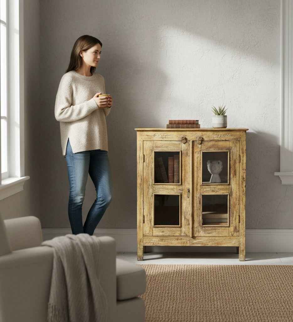 Bohemian Style Wooden Wardrobe, Genuine Vintage Solid Wood Furniture Hand-Restored in India by Skilled Rajasthani Artisan Craftsmen