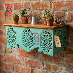 KB ART Wooden Teal Triple Floral Carved Wall Shelf - Close-Up of Hand-Carved Artisan Texture - Handcrafted Wooden Decor Jodhpur