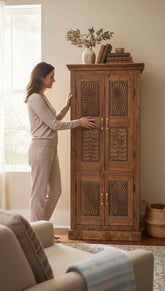 India Heritage Hand-Finished Wood Cabinet | Genuine Solid Wood Construction, Hand-Carved and Restored, One-of-a-Kind Vintage Statement Piece