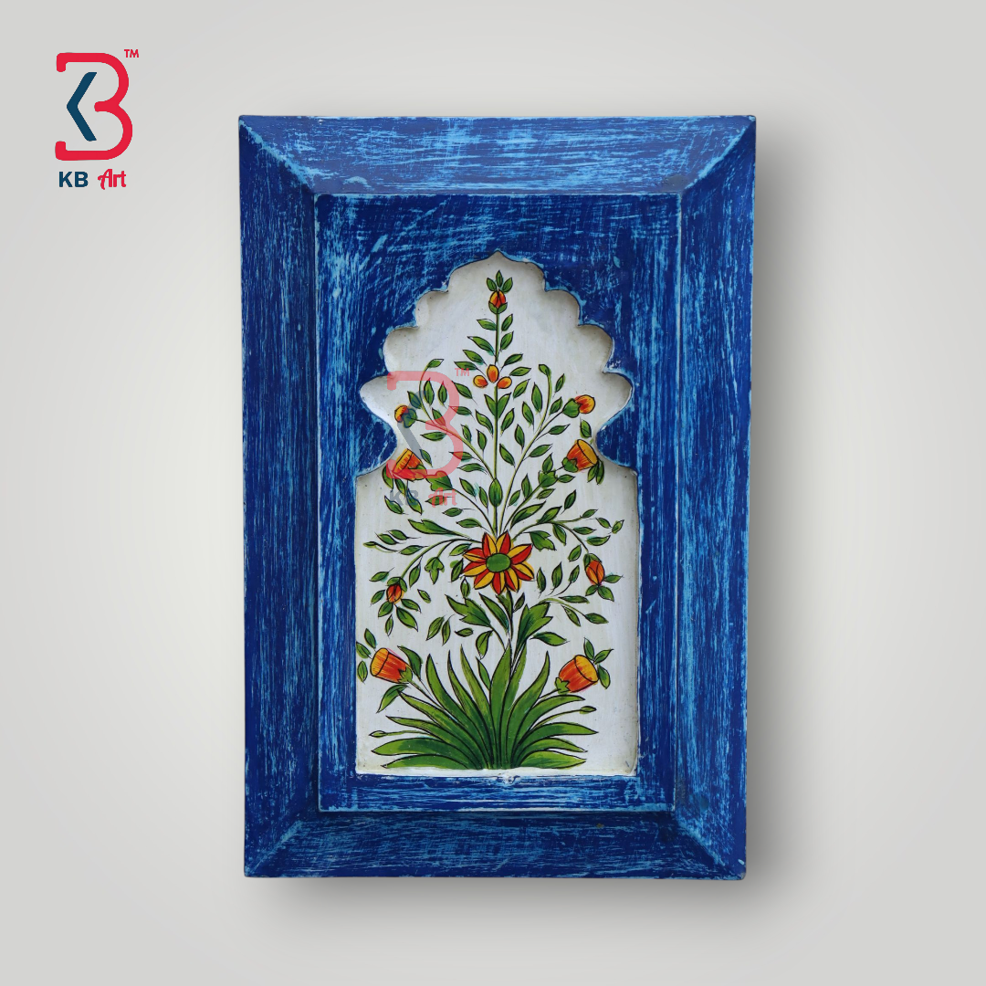KB ART Handpainted Wooden Jharokha Wall Panel – Dark Blue Floral Mughal Arch Decor | Antique Look Wall Hanging