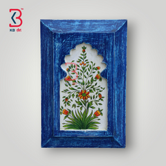 KB ART Handpainted Wooden Jharokha Wall Panel – Dark Blue Floral Mughal Arch Decor | Antique Look Wall Hanging