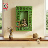 KB ART Wooden Green Frame Wall Shelf - Close-Up of Hand-Carved Artisan Texture - Handcrafted Wooden Decor Jodhpur