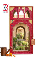 KB ART Red Wooden Jharokha Wall Mirror Brass - Close-Up of Hand-Carved Artisan Texture - Handcrafted Wooden Decor Jodhpur