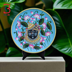 KB ART 12x12 Inch Wooden Handcarved Pichwai Shrinathji Wall Plate | Handpainted Blue Pichwai Art | Traditional Indian Wall Decor