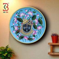 KB ART 12x12 Inch Wooden Handcarved Pichwai Shrinathji Wall Plate | Handpainted Blue Pichwai Art | Traditional Indian Wall Decor