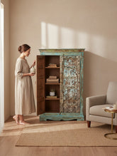 Distressed Wood Antique Almirah - genuine handcrafted solid wood india antique furniture, KBART SKU KBART-1033, front view