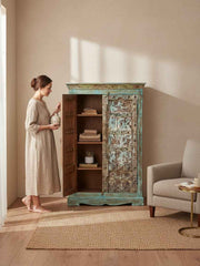 Rare Distressed Wood Antique Almirah Crafted from Solid Wood - One-of-a-Kind India Antique, Hand-Joined and Hand-Finished by Local Artisans