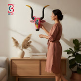KB ART Hand Painted Pink Wooden Bull Head Traditional Rajasthani Wall Hanging Art - Front View of Handcrafted Detailing - Handcrafted Wooden Decor Jodhpur