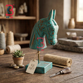 KB ART Rustic Turquoise Horse Head Wooden Statue - Close-Up of Hand-Carved Artisan Texture - Handcrafted Wooden Decor Jodhpur