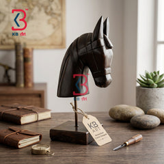 KB ART Dark Espresso Horse Head Wooden Carving - Close-Up of Hand-Carved Artisan Texture - Handcrafted Wooden Decor Jodhpur
