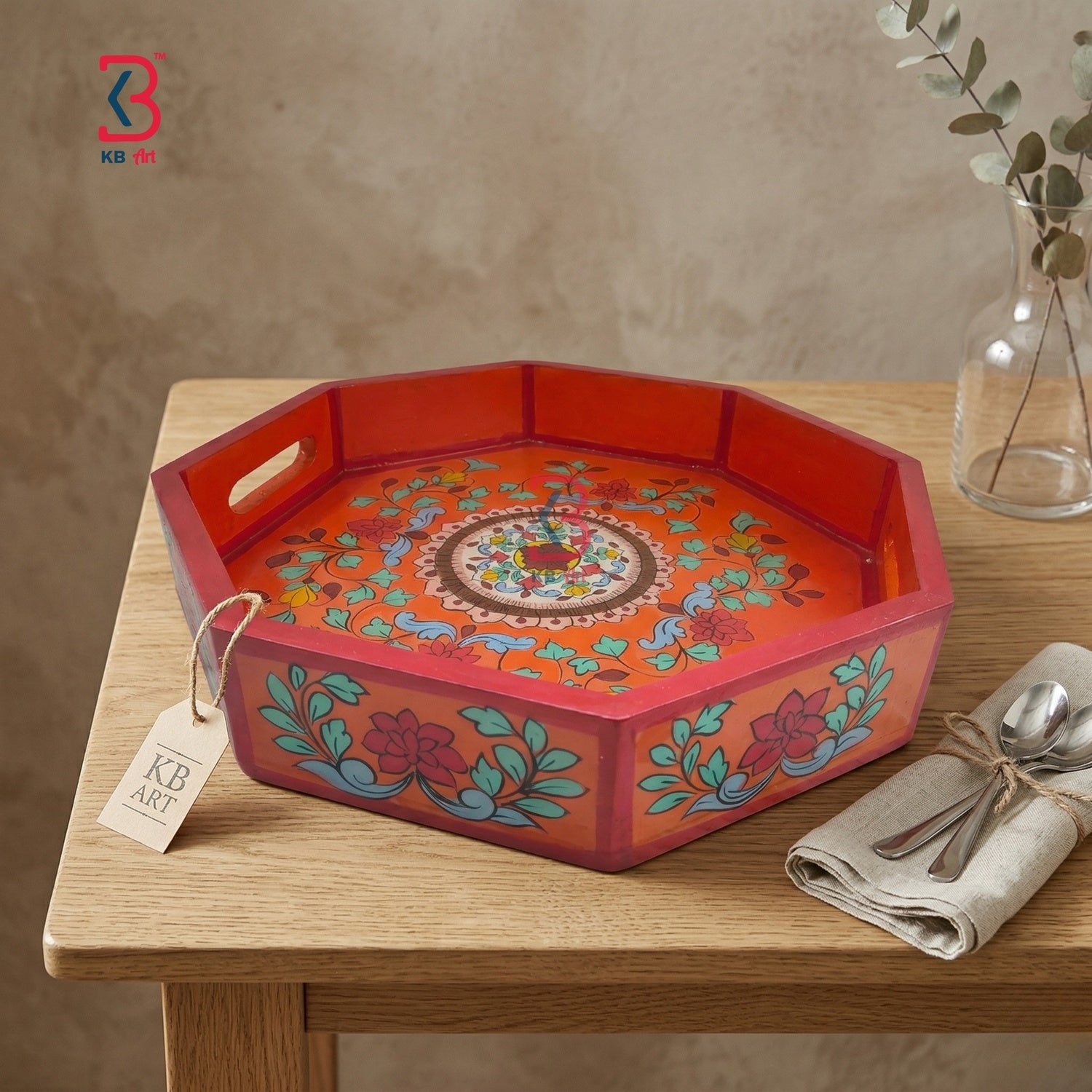 KB ART Orange Floral Octagonal Wooden Serving Tray - Close-Up of Hand-Carved Artisan Texture - Handcrafted Wooden Decor Jodhpur
