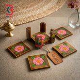 KB ART Pink Lotus Hand-Painted Wooden Coaster Set of 5 with Holder – Jodhpur Dining Decor