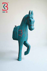 KB ART Turquoise Blue Horse Wall Decor - 16-Inch Distressed Wooden Wall Hanging with Golden Touch | Handcrafted Vintage-Style Rustic Indian Home Decor