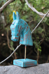 KB ART 11 Inch Wooden Handcarved Half Horse Head Statue with Stand – Turquoise Distress Antique Look Table Decor with Gold Touch
