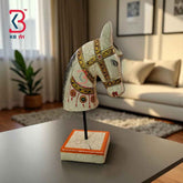 KB ART 11 Inch Wooden Handcarved Half Horse Head Statue  – White Crackle with Gold Detailing – Antique Table Decor with Stand
