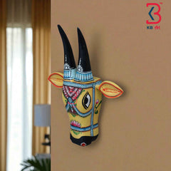 KB ART Handpainted Cow Head Wall Hanging - 11-Inch Pattachitra Bull/Nandi Mask | Indian Folk Art Home Decor | Handmade in Jodhpur