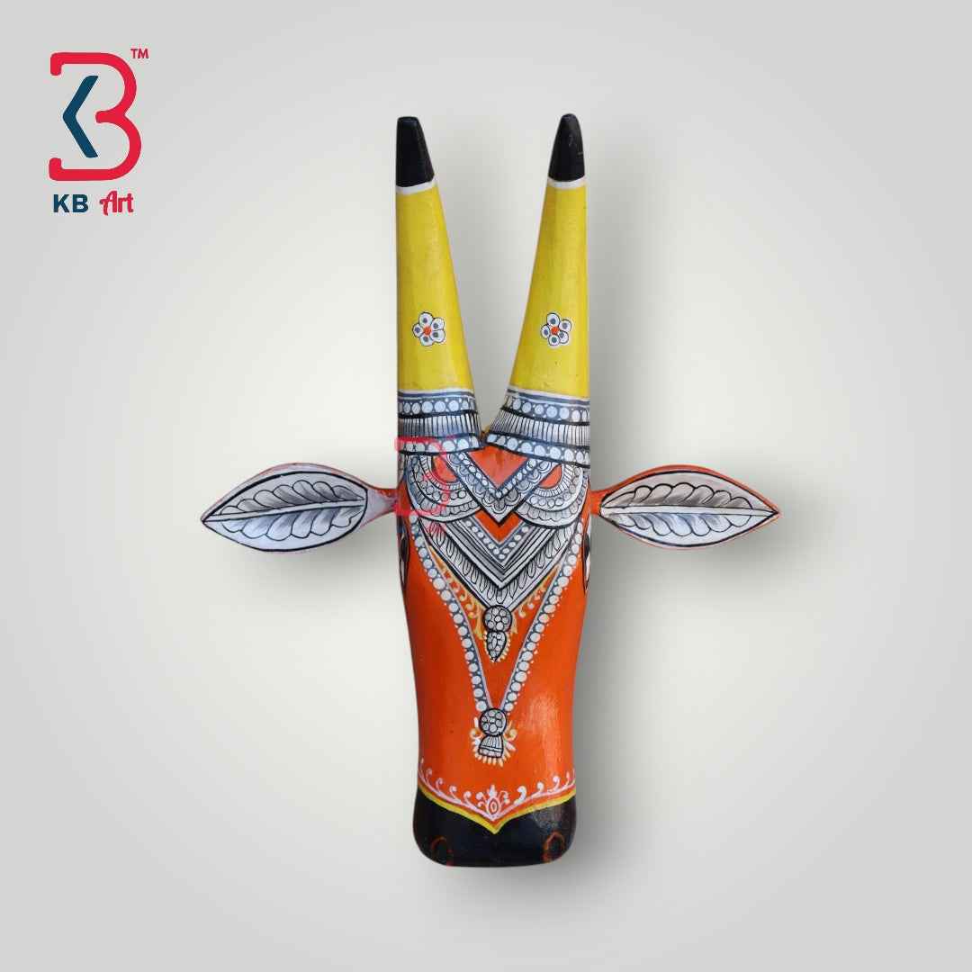 KB ART Handpainted Cow Head Wall Decor | 11-Inch Wooden Pattachitra Bull/Nandi Mask | Indian Folk Art Home Decor | Handmade in Jodhpur