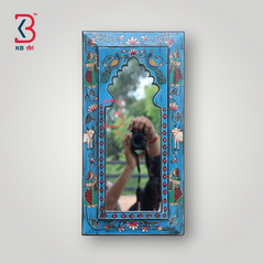 KB ART Jodhpuri Blue Handpainted Wooden Wall Mirror – 9.5x19 Inch | Pichwai Cow & Lady Design | Arch Jharokha Boho Mirror for Home Décor