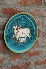 KB ART 12x12 Inch Round Wooden Pichwai Cow Wall Plate | Handpainted Blue Lotus Cow Art | Traditional Indian Home Decor