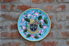 KB ART 12x12 Inch Wooden Handcarved Pichwai Shrinathji Wall Plate | Handpainted Blue Pichwai Art | Traditional Indian Wall Decor