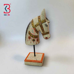 KB ART 11 Inch Wooden Handcarved Half Horse Head Statue – White Crackle with Gold Detailing – Antique Table Decor with Stand