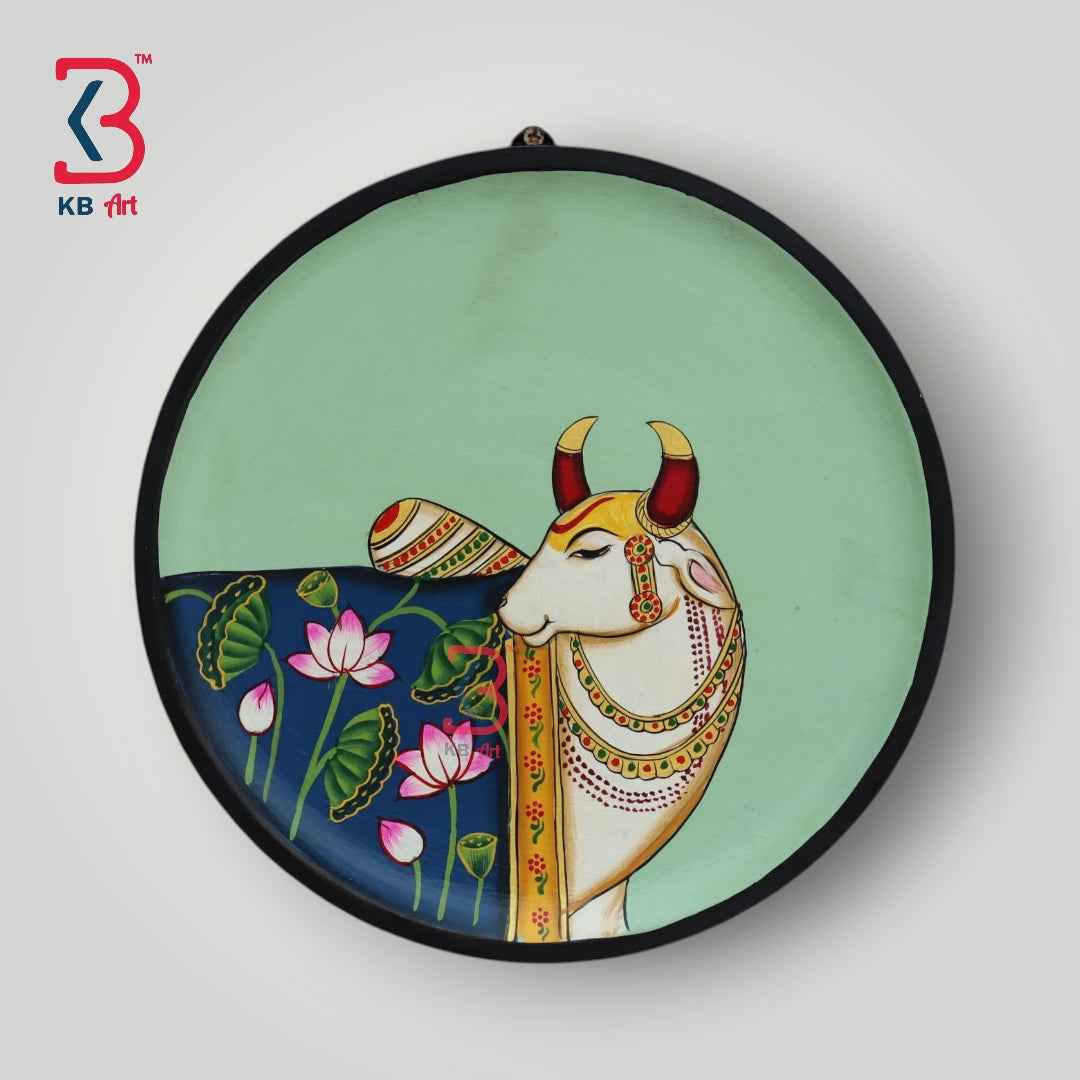 KB ART 12x12 Inch Round Wooden Pichwai Cow Wall Plate | Handpainted Blue Lotus Cow Art | Traditional Indian Home Decor