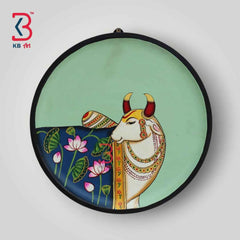 KB ART 12x12 Inch Round Wooden Pichwai Cow Wall Plate | Handpainted Blue Lotus Cow Art | Traditional Indian Home Decor