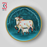 KB ART 12x12 Inch Round Wooden Pichwai Cow Wall Plate  | Handpainted Blue Lotus Cow Art | Traditional Indian Home Decor