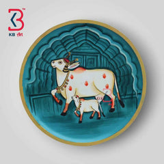 KB ART 12x12 Inch Round Wooden Pichwai Cow Wall Plate | Handpainted Blue Lotus Cow Art | Traditional Indian Home Decor