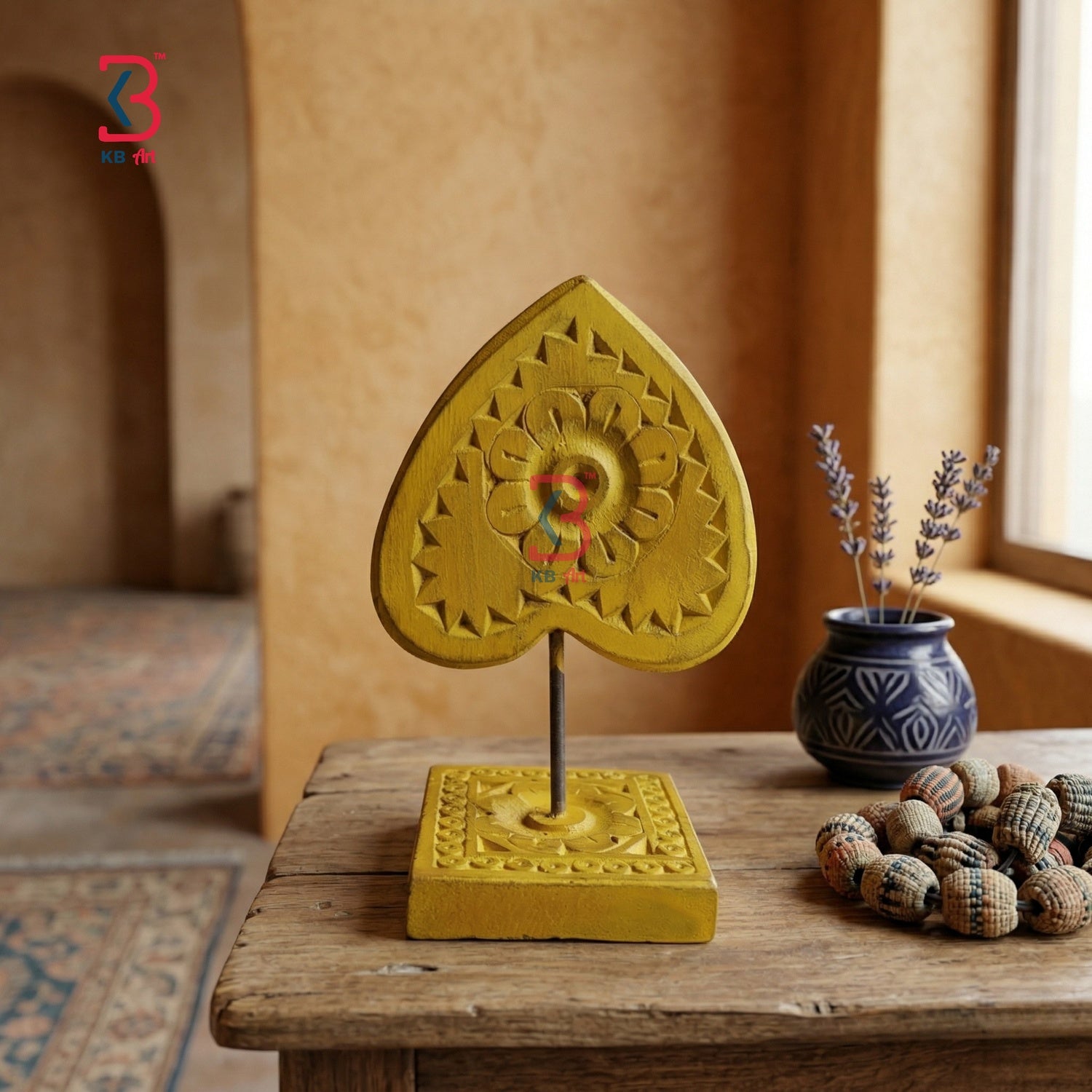 KB ART Yellow Triangle Heart Carved Table Decor - Close-Up of Hand-Carved Artisan Texture - Handcrafted Wooden Decor Jodhpur