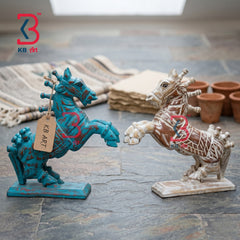 KB ART Wooden Antique Carved Jumping Horse Pair - Side Angle Showing Finish and Craftsmanship - Handcrafted Wooden Decor Jodhpur