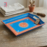 KB ART Hand Painted Blue Mdf Serving Tray - Close-Up of Hand-Carved Artisan Texture - Handcrafted Wooden Decor Jodhpur