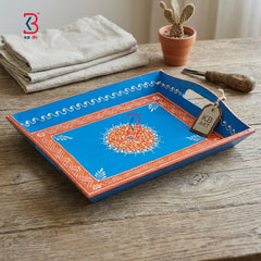KB ART Hand Painted Blue Mdf Serving Tray - Close-Up of Hand-Carved Artisan Texture - Handcrafted Wooden Decor Jodhpur