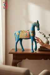 KB ART Handcrafted Blue Wooden Horse Statue - Styled Display in Home Interior Setting - Handcrafted Wooden Decor Jodhpur