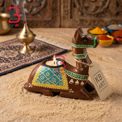 KB ART Camel Tlight Holder Pichwai - Front View of Handcrafted Detailing - Handcrafted Wooden Decor Jodhpur