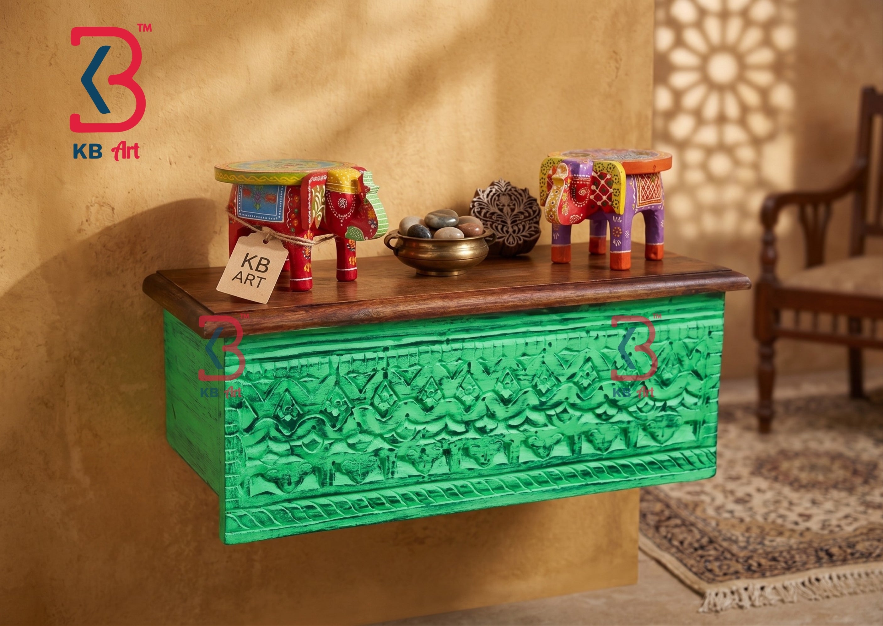 KB ART Hand Carved Wooden Wall Shelf Light Green - Close-Up of Hand-Carved Artisan Texture - Handcrafted Wooden Decor Jodhpur