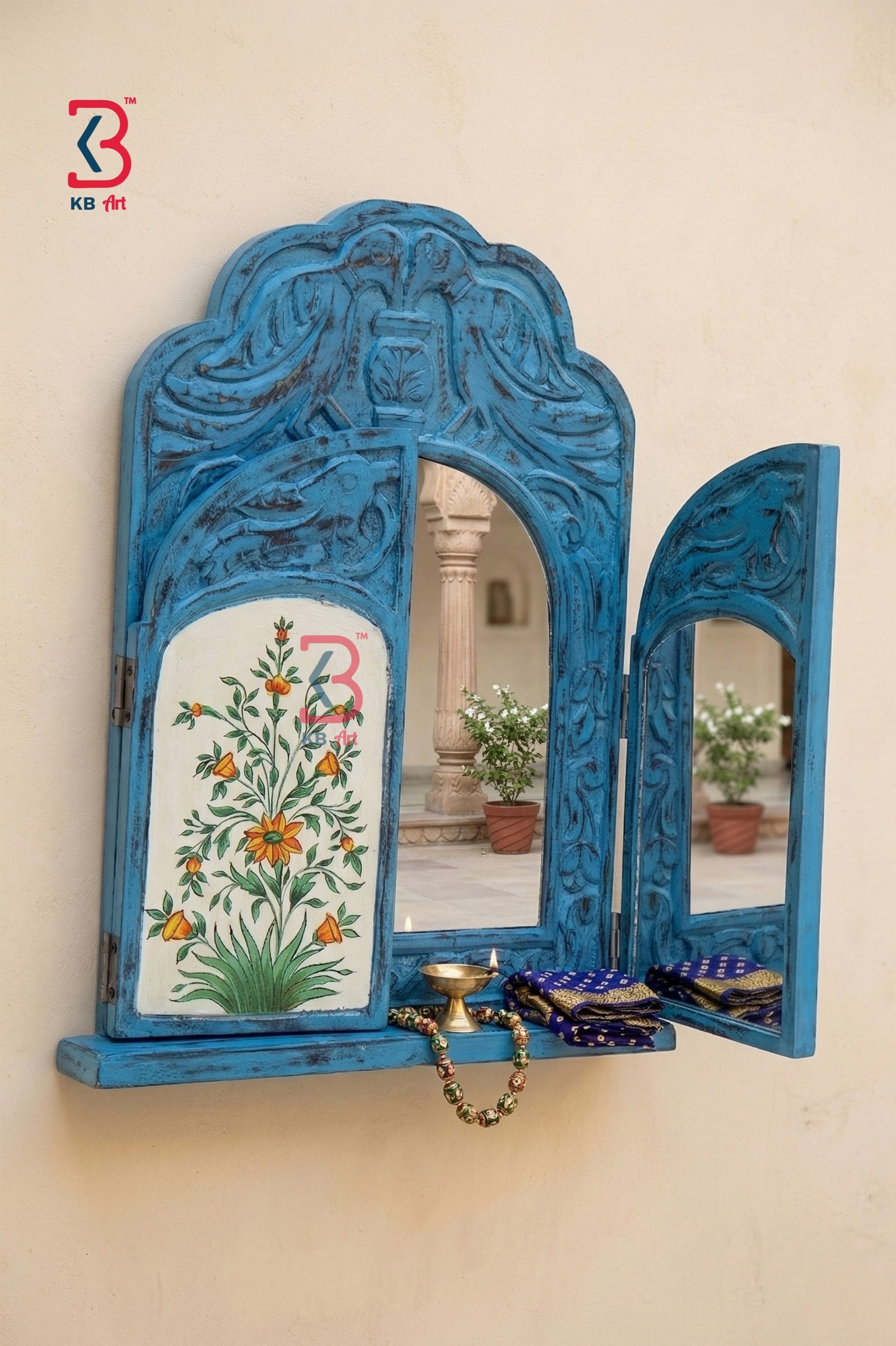 KB ART Wooden Antique Window Jharokha Mirror - Front View of Handcrafted Detailing - Handcrafted Wooden Decor Jodhpur