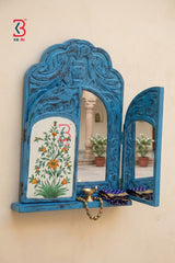 KB ART Wooden Antique Window Jharokha Mirror - Front View of Handcrafted Detailing - Handcrafted Wooden Decor Jodhpur
