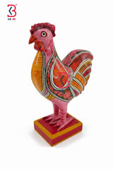 KB ART Pink Rooster Wooden Sculpture - Front View of Handcrafted Detailing - Handcrafted Wooden Decor Jodhpur