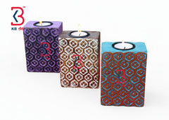 KB ART Wooden Carved Tlight Holder Set 3 - Styled Display in Home Interior Setting - Handcrafted Wooden Decor Jodhpur