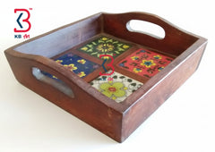 KB ART Handcrafted Wooden Square Serving Tray with Ceramic Tile Inlay – Jodhpur Artisan Kitchen and Dining Decor
