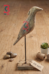 KB ART Handcrafted Wooden Distressed Sparrow Figur - Close-Up of Hand-Carved Artisan Texture - Handcrafted Wooden Decor Jodhpur
