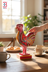 KB ART Pink Rooster Wooden Sculpture - Close-Up of Hand-Carved Artisan Texture - Handcrafted Wooden Decor Jodhpur
