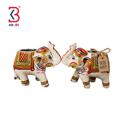 KB ART Elephant Wooden Tlight Holder Set - Front View of Handcrafted Detailing - Handcrafted Wooden Decor Jodhpur