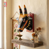 KB ART 8 Inch Handcrafted Wooden Cow Head On Mount - Close-Up of Hand-Carved Artisan Texture - Handcrafted Wooden Decor Jodhpur