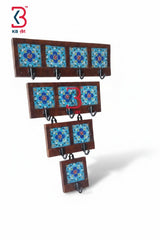 KB ART Hand-Painted Ceramic Tile Wooden Wall Hooks and Key Holder Set of 4 – Handcrafted Rajasthani Entryway Organizer Decor