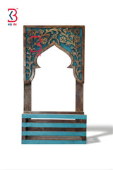 KB ART Teal Carved Wooden Window Shelf Frame - Front View of Handcrafted Detailing - Handcrafted Wooden Decor Jodhpur