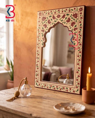 Handcrafted Cream Wooden Jharokha Mirror Frame | Traditional Rajasthani Hand-Painted Floral Vine Arch Wall Decor Panel